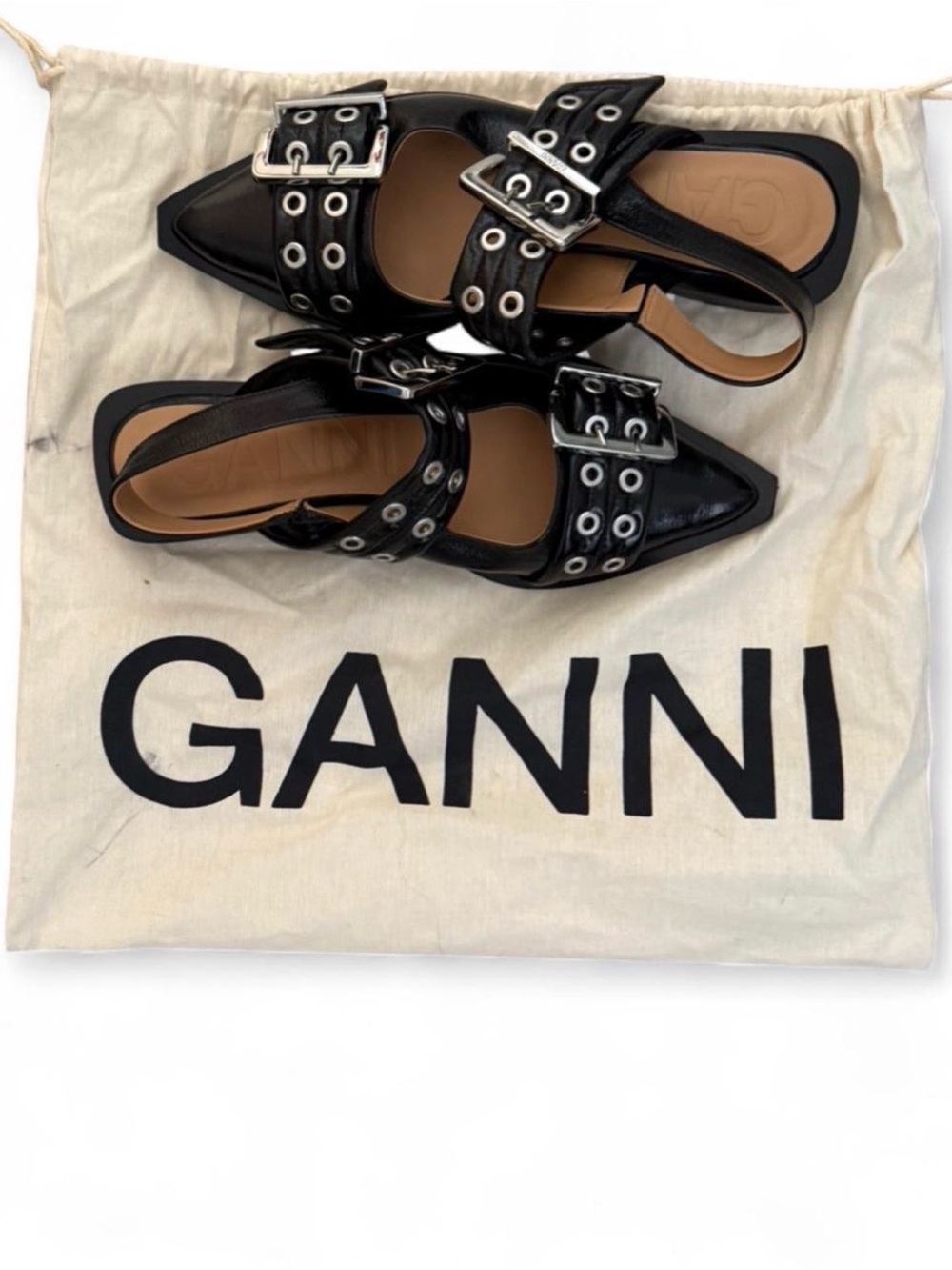 Ganni Black Leather Pointed Slingback Mules with Eyelet Buckles